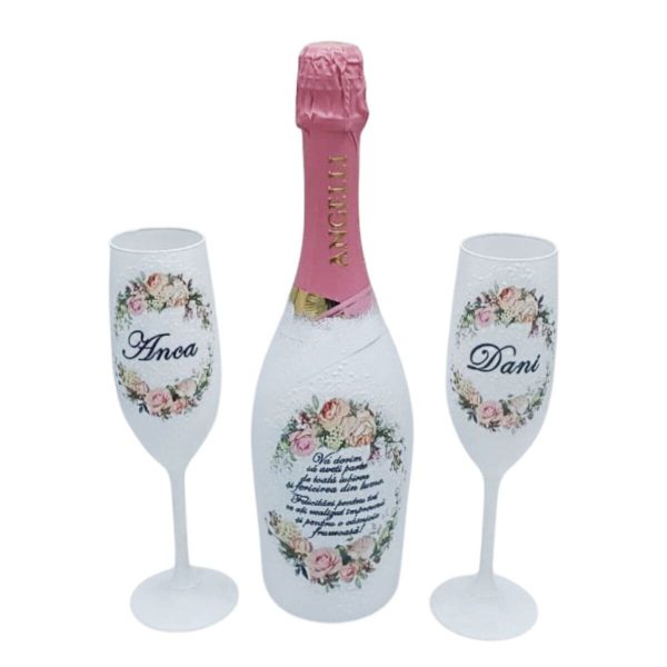 Cadou Nunta, sticla vin spumant si 2 pahare decorate manual, model deosebit FEIS307007 (1)