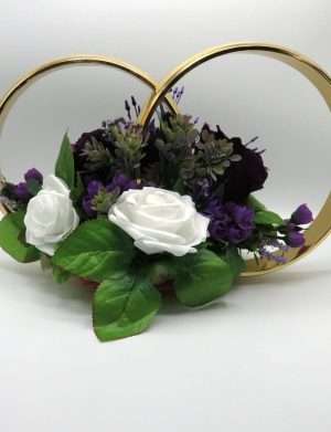 Decor masina pentru nunta, verighete decorate cu flori, mov & alb – ILIF307162