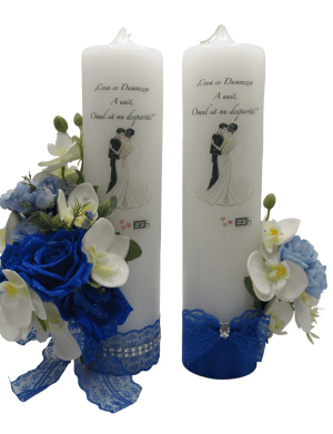 Lumanare cununie decorata cu orhidee si trandafiri, albastru regal – ILIF307163