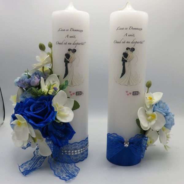 Lumanare cununie decorata cu orhidee si trandafiri albastru regal ILIF307163 1