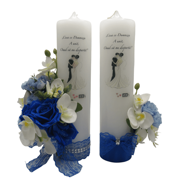 Lumanare cununie decorata cu orhidee si trandafiri albastru regal ILIF307163 1