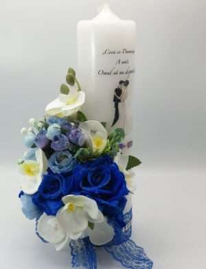 Lumanare cununie decorata cu orhidee si trandafiri, albastru regal – ILIF307163