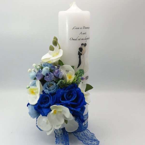 Lumanare cununie decorata cu orhidee si trandafiri albastru regal ILIF307163 10