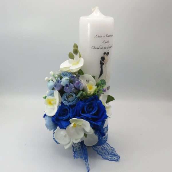 Lumanare cununie decorata cu orhidee si trandafiri albastru regal ILIF307163 11