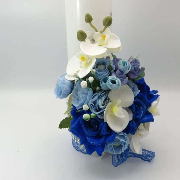Lumanare cununie decorata cu orhidee si trandafiri albastru regal ILIF307163 13