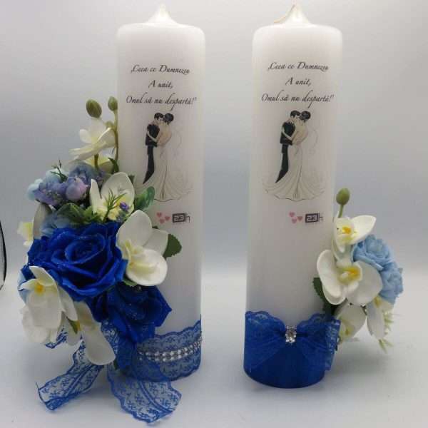Lumanare cununie decorata cu orhidee si trandafiri albastru regal ILIF307163 2