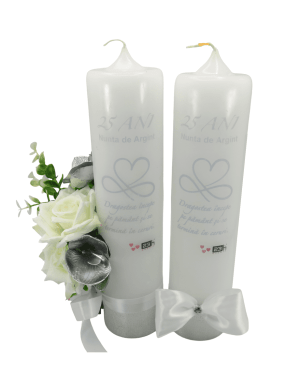 Lumanare nunta – aniversare 25 ani, model deosebit cu flori de matase, alb-argintiu – ILIF307164
