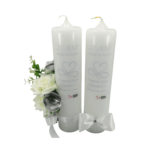 Lumanare nunta aniversare 25 ani model deosebit cu flori de matase alb argintiu ILIF307164 1