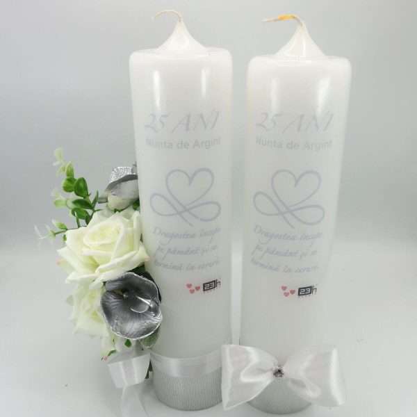 Lumanare nunta aniversare 25 ani model deosebit cu flori de matase alb argintiu ILIF307164 12