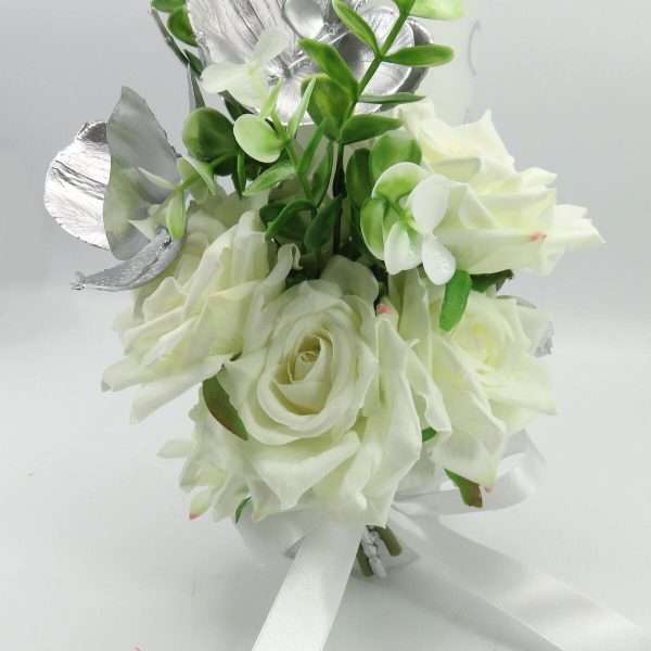 Lumanare nunta aniversare 25 ani model deosebit cu flori de matase alb argintiu ILIF307164 6