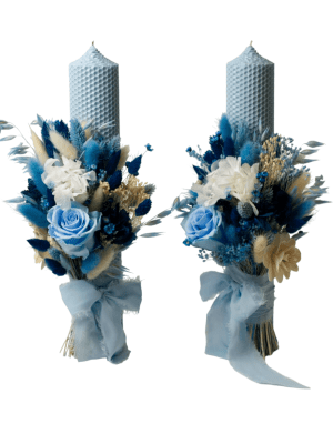 Lumanare nunta, ceara naturala bleu, plante uscate in nuante de albastru – AMB307001