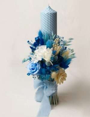 Lumanare nunta, ceara naturala bleu, plante uscate in nuante de albastru – AMB307001
