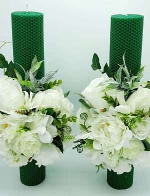 Lumanare nunta, model deosebit cu flori de matase, tematica verde&alb – FEIS307009