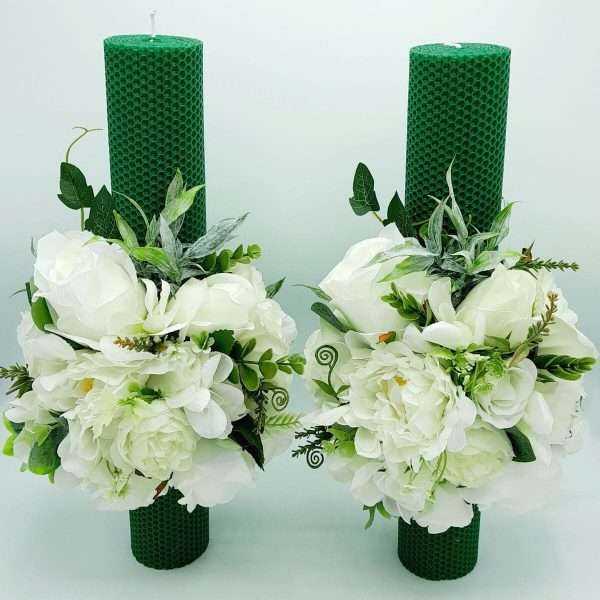 Lumanare nunta model deosebit cu flori de matase tematica verdealb FEIS307009 1