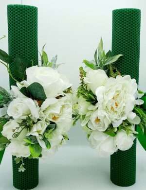 Set 2 lumanari cununie + buchet mireasa, cu flori de matase, alb-verde – FEIS307008