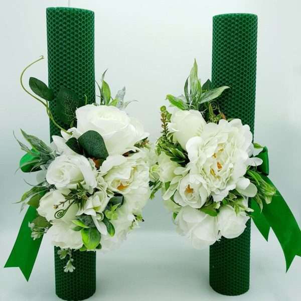 Lumanare nunta model deosebit cu flori de matase tematica verdealb FEIS307009 3