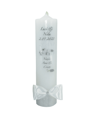 Lumanare nunta personalizata – aniversare 25 ani, decorata cu flori de matase, alb-verde – ILIF307158