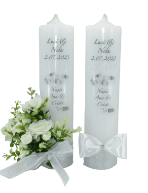 Lumanare nunta personalizata – aniversare 25 ani, decorata cu flori de matase, alb-verde – ILIF307158
