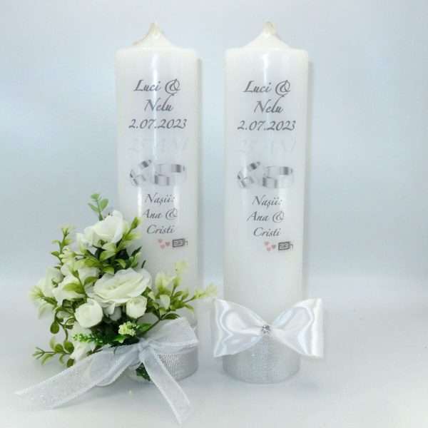 Lumanare nunta personalizata aniversare 25 ani decorata cu flori de matase alb verde ILIF307158 1