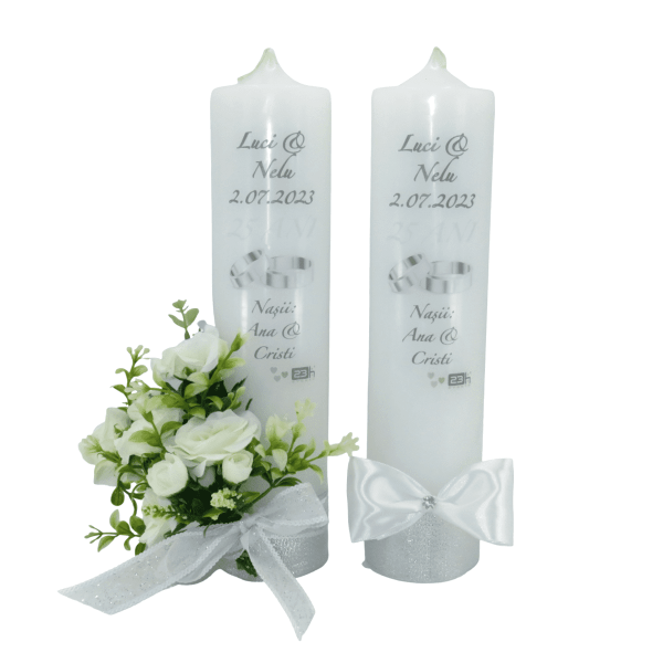 Lumanare nunta personalizata aniversare 25 ani decorata cu flori de matase alb verde ILIF307158 1
