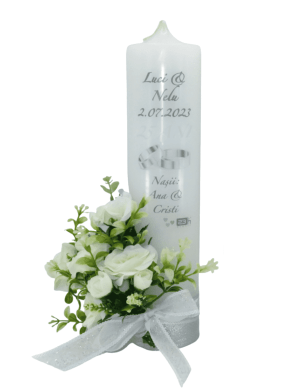 Lumanare nunta personalizata aniversare 25 ani decorata cu flori de matase alb verde ILIF307158 2