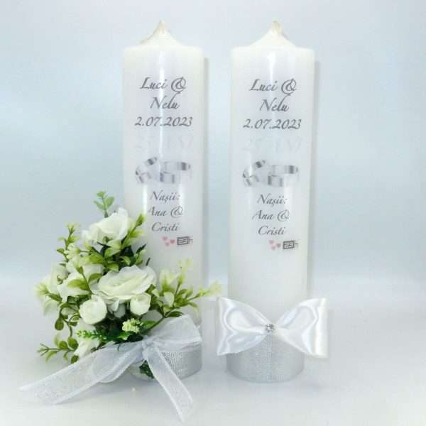 Lumanare nunta personalizata aniversare 25 ani decorata cu flori de matase alb verde ILIF307158 2
