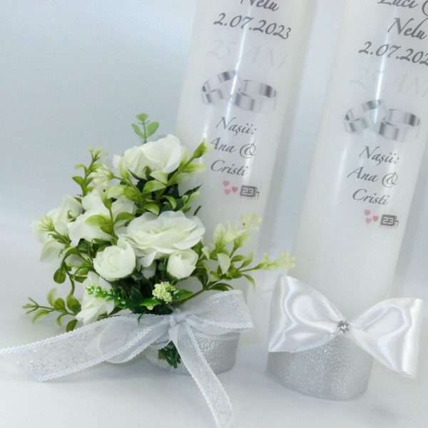 Lumanare nunta personalizata aniversare 25 ani decorata cu flori de matase alb verde ILIF307158 3