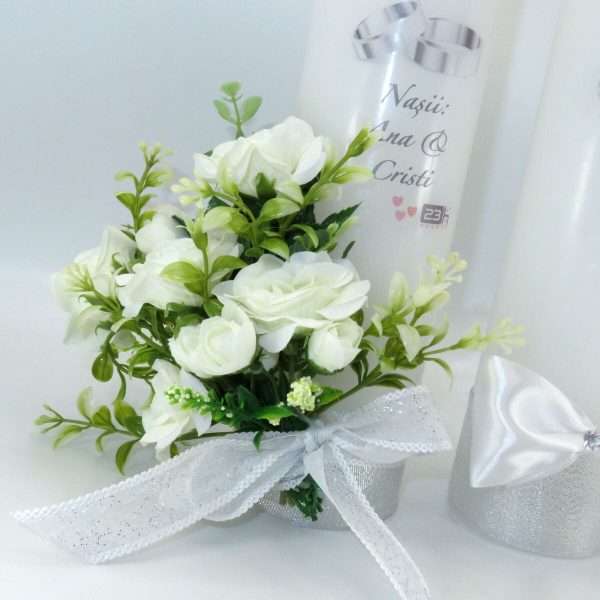 Lumanare nunta personalizata aniversare 25 ani decorata cu flori de matase alb verde ILIF307158 6