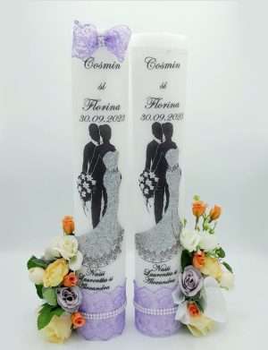 Lumanare nunta personalizata, cu flori de matase, tematica lila – FEIS307001