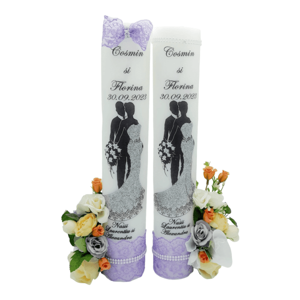 Lumanare nunta personalizata cu flori de matase tematica lila FEIS307001 1