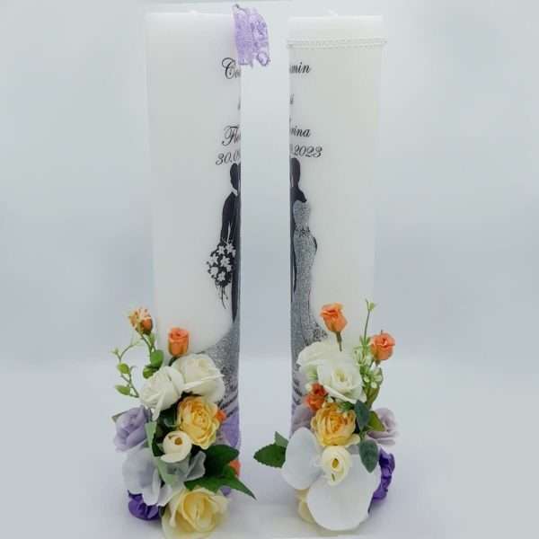 Lumanare nunta personalizata cu flori de matase tematica lila FEIS307001 2