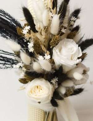 Lumanare nunta/botez, ceara naturala cu trandafiri criogenati, alb-auriu-negru – AMB307004