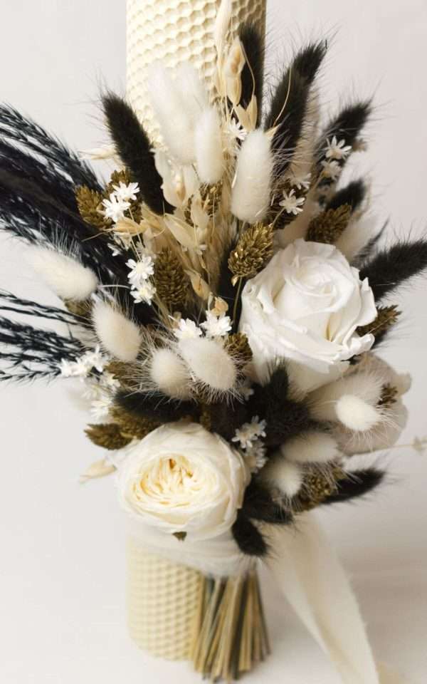 Lumanare nuntabotez ceara naturala cu trandafiri criogenati alb auriu negru AMB307004 2