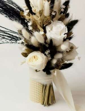 Lumanare nunta/botez, ceara naturala cu trandafiri criogenati, alb-auriu-negru – AMB307004