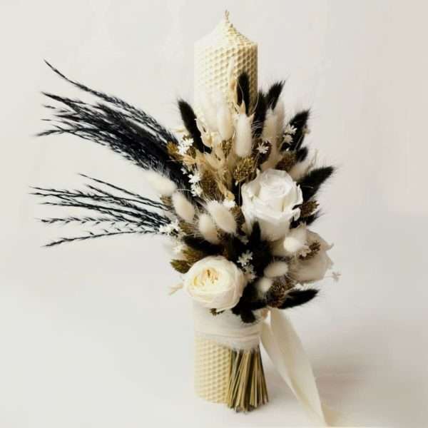 Lumanare nuntabotez ceara naturala cu trandafiri criogenati alb auriu negru AMB307004 5