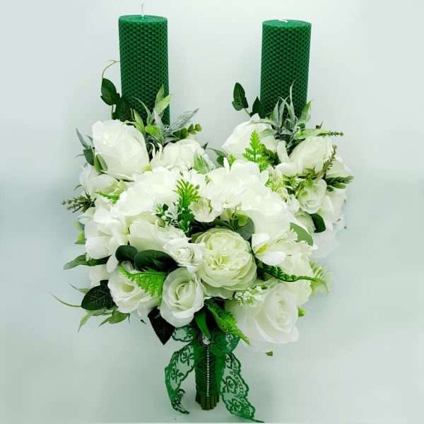 Set 2 lumanari cununie buchet mireasa cu flori de matase alb verde FEIS307008 3
