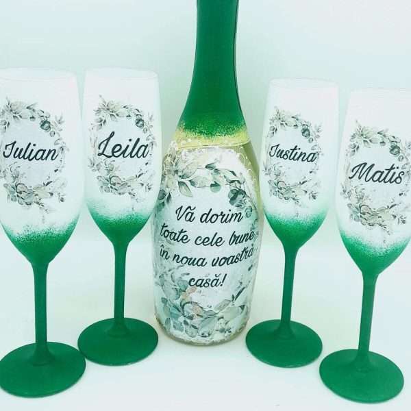 Set Cadou de Casa Noua sticla spumant si 4 pahare decorate manual model deosebit FEIS307003 1
