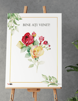 Tablou Bine Ati Venit, Trandafiri si Frezii, dim. 55×94 cm – ILIF406041