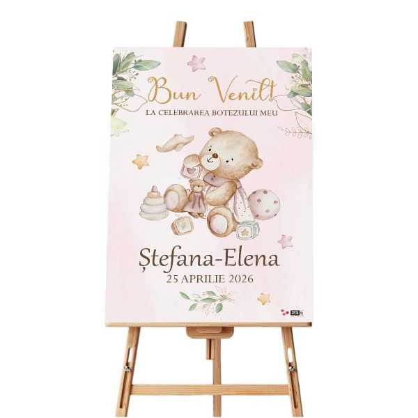 Tablou Bine Ati Venit! pentru botez, Teddy Bear, dim 60x90cm - OPB307020