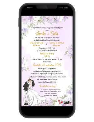 Invitatie digitala nunta, flori si fundal lila-mov – MIBC307001