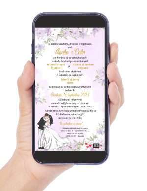 Invitatie digitala nunta, flori si fundal lila-mov – MIBC307001