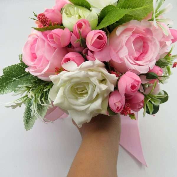 Buchet mireasa nasa cu flori roz de matase ILIF308003 5