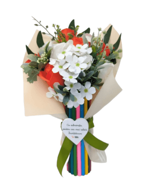 Cadou Profesoară, aranjament Buchet flori de mătase și săpun + mesaj – DSPH308004