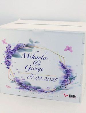 Cutie dar nunta, din lemn vopsit alb, Personalizat, model lavanda, 27x20x21cm – PRIF308087