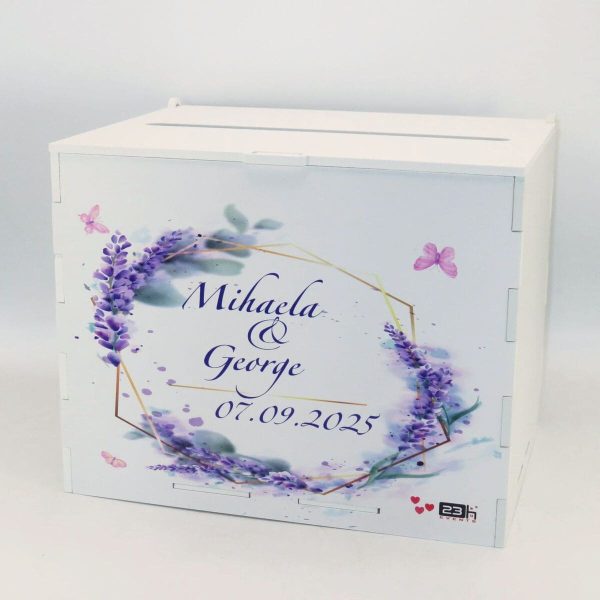 Cutie dar nunta, din lemn vopsit alb, Personalizat, model lavanda, 27x20x21cm PRIF308087 (2)