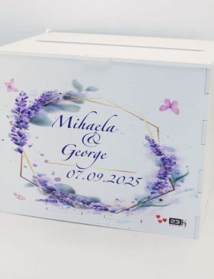 Cutie dar nunta, din lemn vopsit alb, Personalizat, model lavanda, 27x20x21cm – PRIF308087