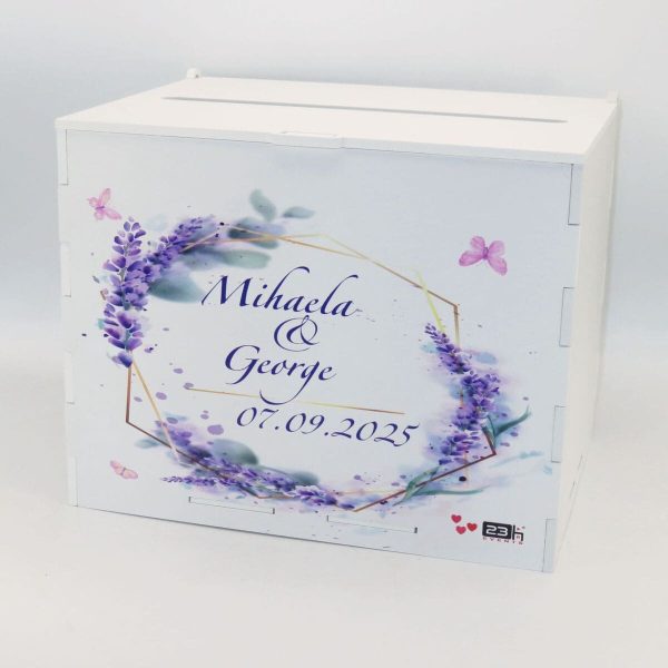 Cutie dar nunta, din lemn vopsit alb, Personalizat, model lavanda, 27x20x21cm PRIF308087 (3)