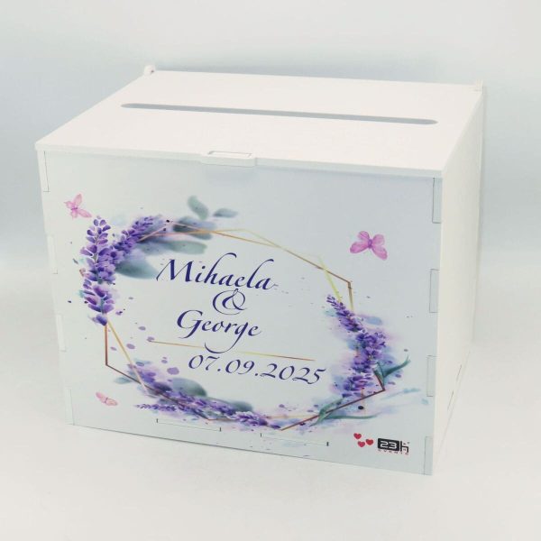 Cutie dar nunta, din lemn vopsit alb, Personalizat, model lavanda, 27x20x21cm PRIF308087 (4)