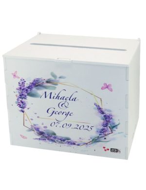 Cutie dar nunta, din lemn vopsit alb, Personalizat, model lavanda, 27x20x21cm – PRIF308087