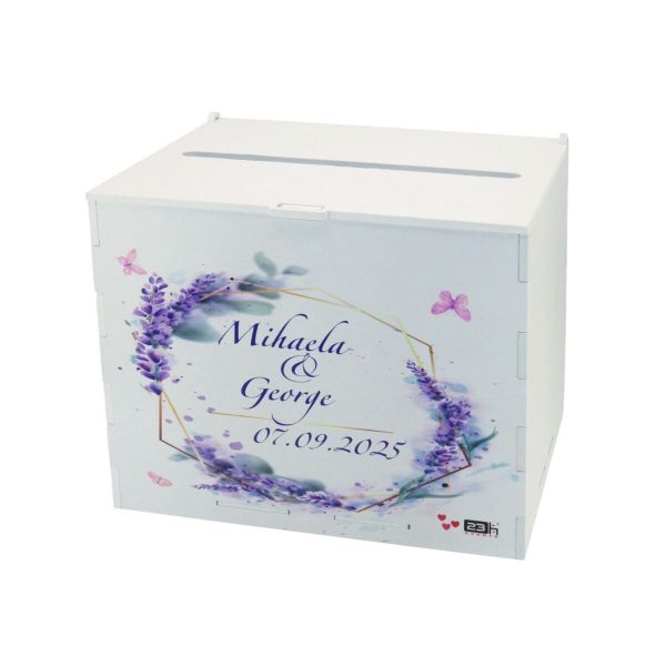 Cutie dar nunta, din lemn vopsit alb, Personalizat, model lavanda, 27x20x21cm PRIF308087 (5)